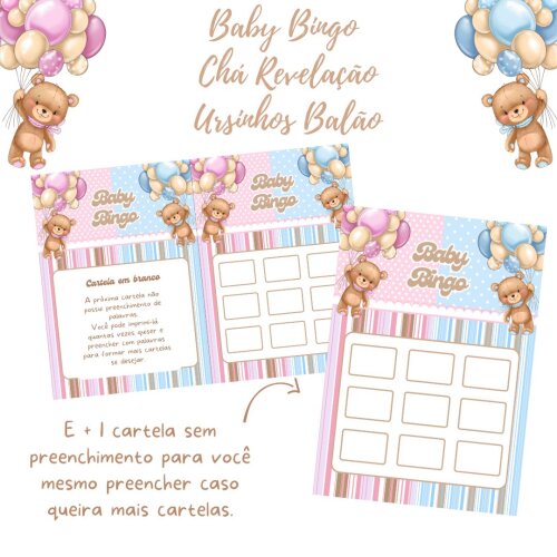 Baby Bingo Chá Revelação Ursinhos Balão - azul e rosa (100 ca