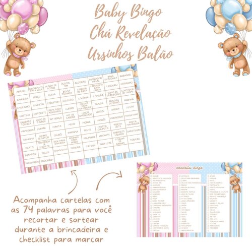 Baby Bingo Chá Revelação Ursinhos Balão - azul e rosa (100 ca