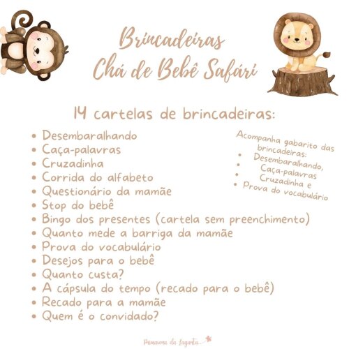 Kit Brincadeiras Chá de Bebê Safári (bege) (digital Pdf)