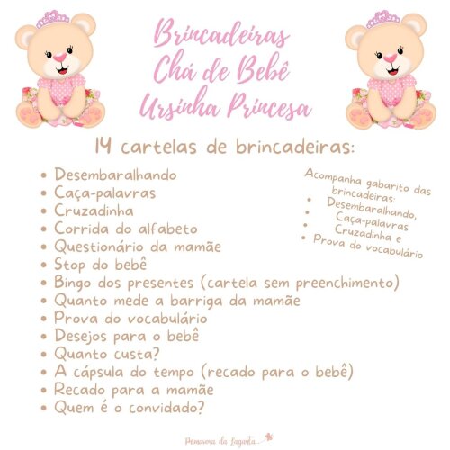 Kit brincadeiras Chá de bebê Ursinha Princesa - PDF