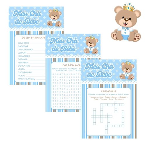 Kit brincadeiras Chá de bebê Ursinho Príncipe (azul claro) - PDF