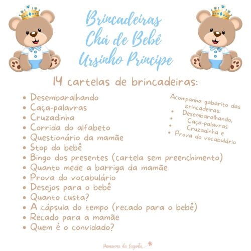 Kit brincadeiras Chá de bebê Ursinho Príncipe (azul claro) - P