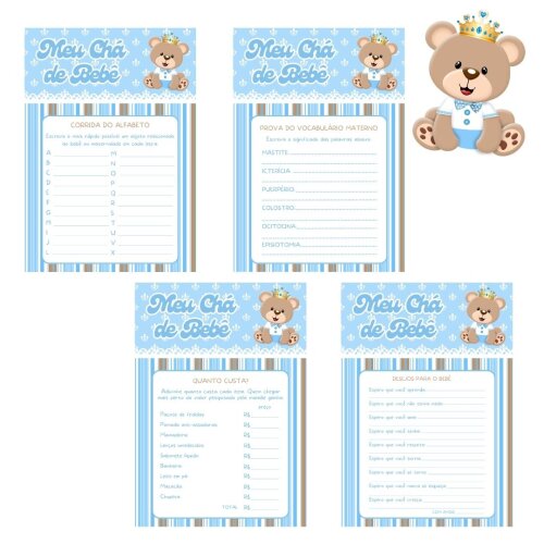 Kit brincadeiras Chá de bebê Ursinho Príncipe (azul claro) - P
