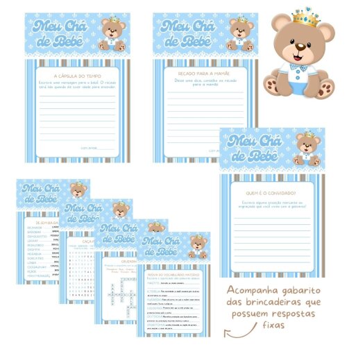 Kit brincadeiras Chá de bebê Ursinho Príncipe (azul claro) - P