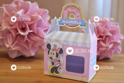 Kit 32 Lembrancinha Minnie Confeiteira Caixinha Alça Vitrine