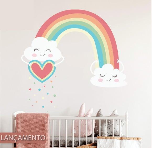 Adesivo Arco Íris com Nuvens com Carinha e Coração