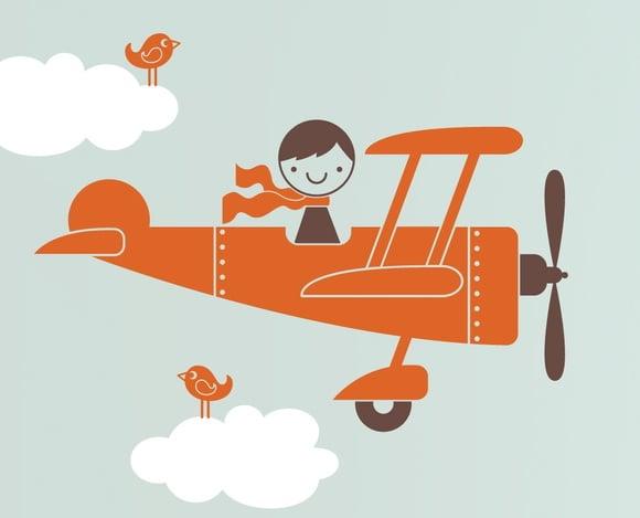 Adesivo avião laranja com nuvens brancas