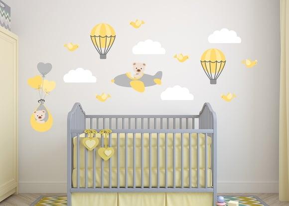 Adesivo Balões + Ursinho Aviador Amarelo e Cinza