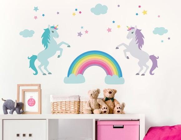Adesivo de Parede Arco Íris + Unicórnios + Nuvens + Estrelas