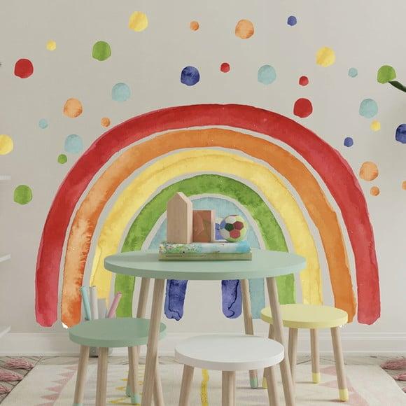Adesivo de Parede Arco Íris Aquarela Boho + Bolinhas