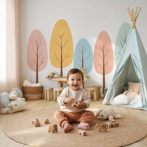 Adesivo de Parede Árvores Coloridas Quarto Montessoriano