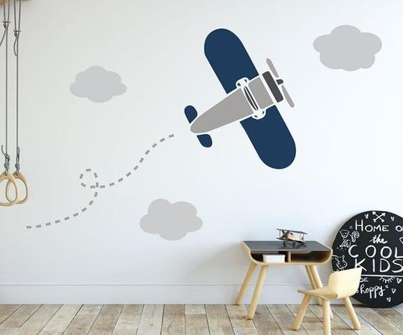 Adesivo de Parede Avião com Nuvens para Quarto de Menino
