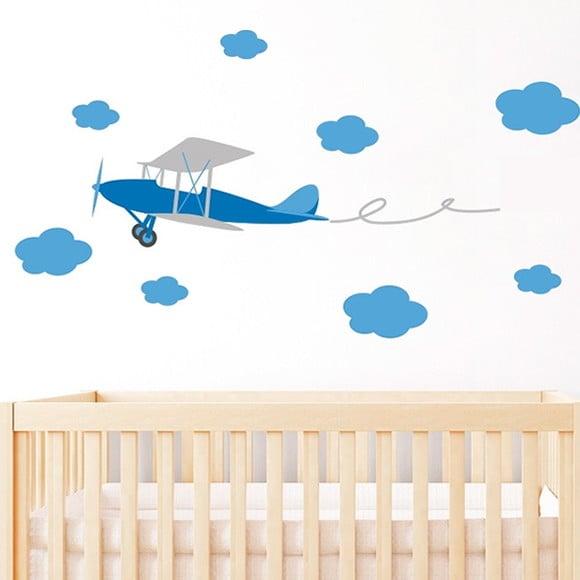 Adesivo de Parede Avião com Nuvens para Quarto de Menino