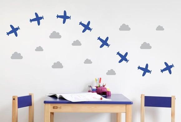 Adesivo de parede aviões + nuvens