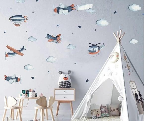 Adesivo de Parede Aviões/estrelas/nuvens Coleção Aquarela