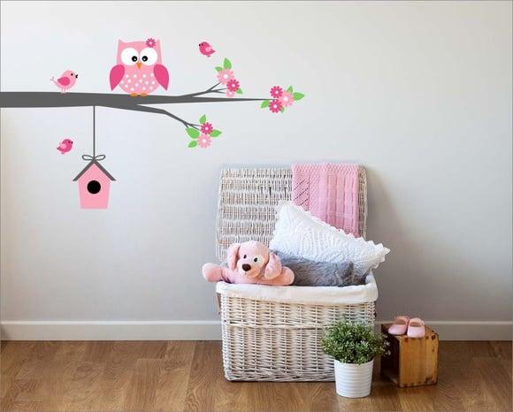 Adesivo de Parede Corujinha no Galho com Flores e Casinha