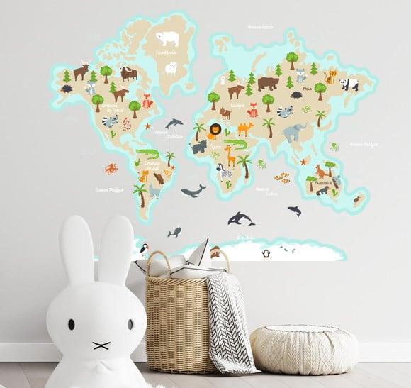 Adesivo de Parede Mapa Mundi com Bichinhos