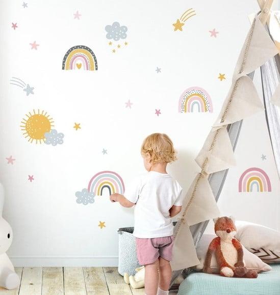 Adesivo de Parede Mini Arco Íris + Sol + Nuvens e Estrelas