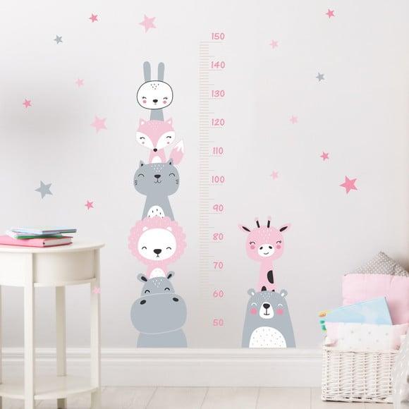 Adesivo de Parede Régua com Bichinhos e Estrelas Rosa/cinza