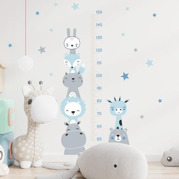 Adesivo de Parede Régua com Bichinhos e Estrelas Azul/cinza