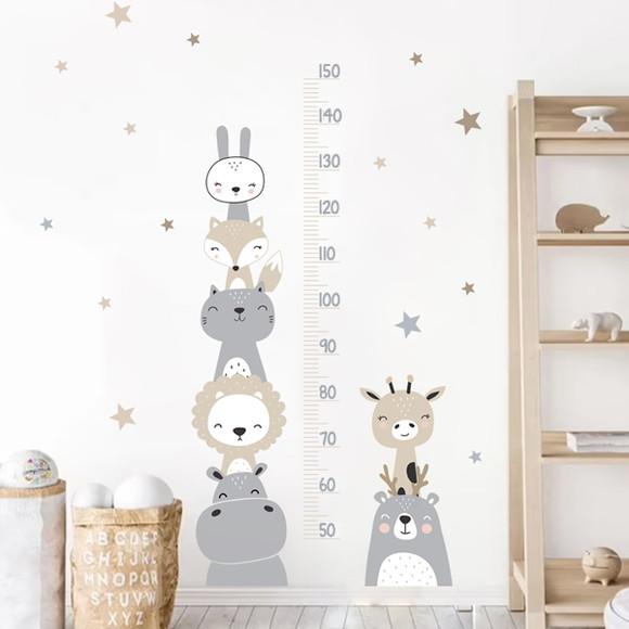 Adesivo de Parede Régua com Bichinhos e Estrelas Bege/cinza