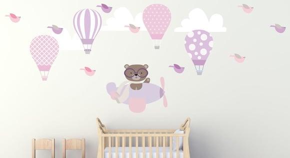 Adesivo de Parede Ursinho Aviador+balões+nuvens+passarinhos