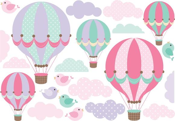 Kit Adesivo Balões Verde/rosa/lilás - Nuvens - Passarinhos
