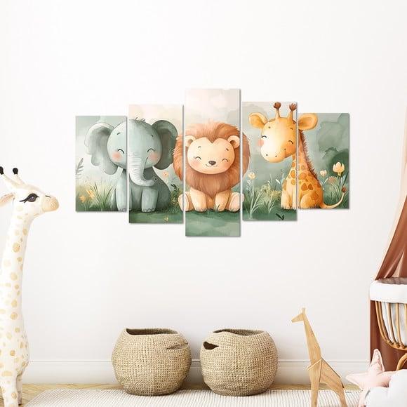 Kit com 5 Quadros Safari Infantil - Elefante, Leão e Girafa