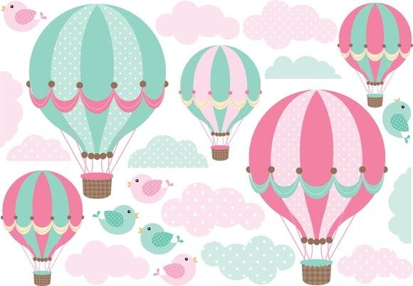 Kit de Adesivo Balões Verde/rosa - Nuvens - Passarinhos