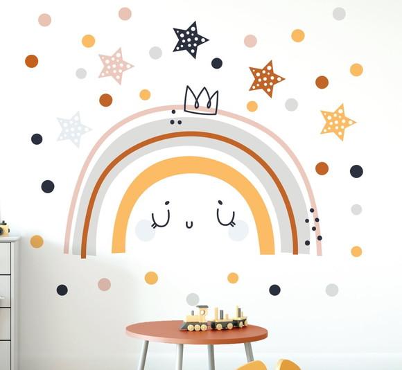 Adesivo de Parede Arco Íris com Carinha, Estrelas e Bolinhas