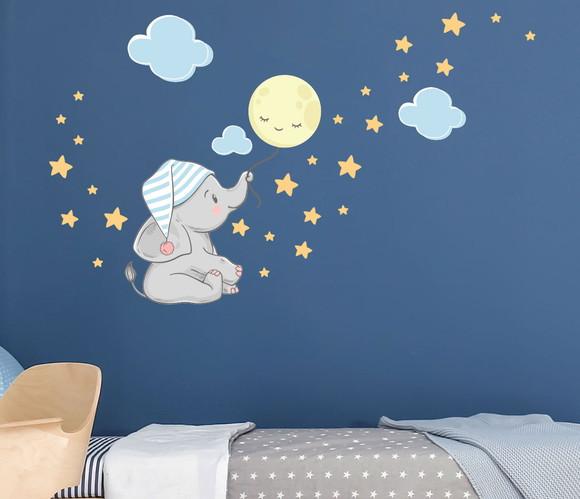 Adesivo de parede elefante, nuvens, lua, estrelas