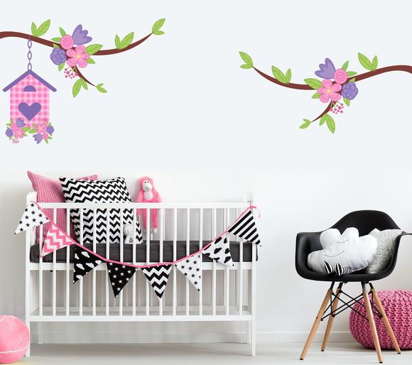 Adesivo de parede galhos com flores e casinha