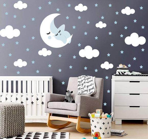 Adesivo de Parede Lua e Estrela + Nuvens + Estrelas