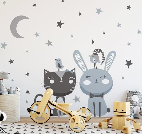 Adesivo de Parede Lua/coelho/gato/estrelas