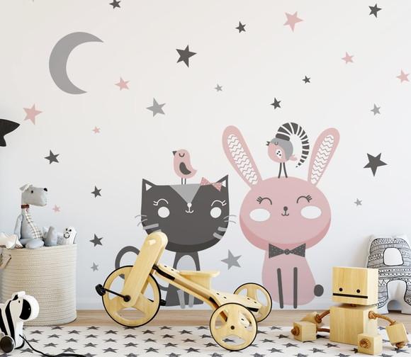 Adesivo de Parede Lua/coelho/gato/estrelas