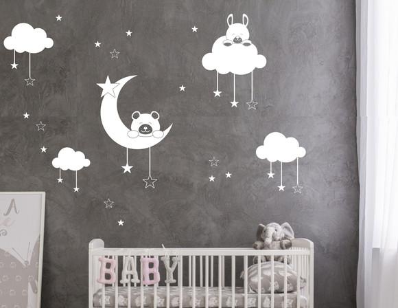 Adesivo Ursinho na Lua/nuvens/estrelas