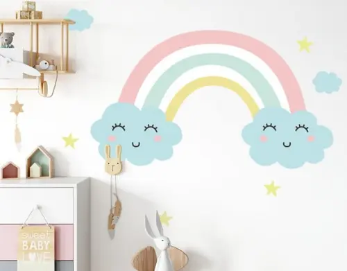 Adesivo Arco Íris com Nuvens com Carinha e Estrelas