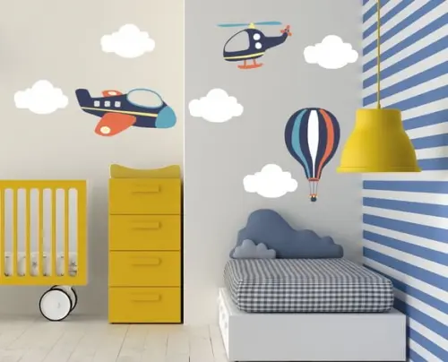 Adesivo avião + balão + helicóptero + nuvens