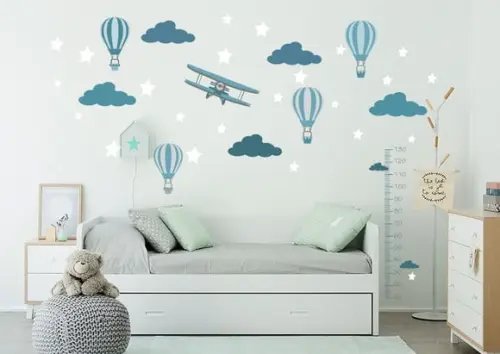 Adesivo Avião/balões/nuvens/estrelas + Régua