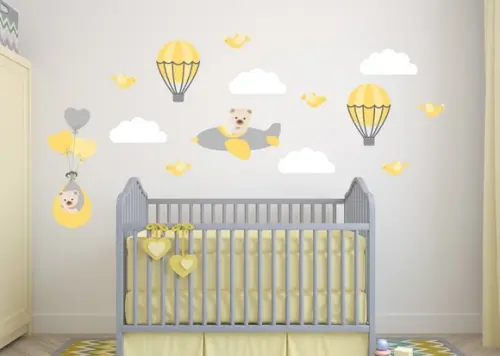 Adesivo Balões + Ursinho Aviador Amarelo e Cinza