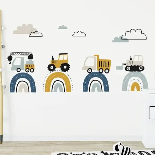 Adesivo de Parede Arco Íris + Carrinhos + Nuvens