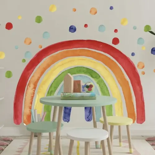 Adesivo de Parede Arco Íris Aquarela Boho + Bolinhas