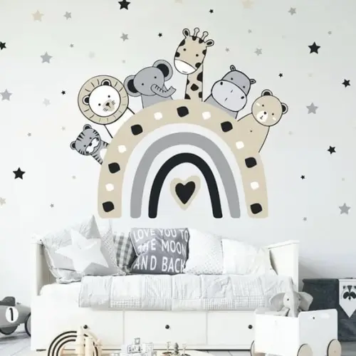 Adesivo de Parede Arco Íris, Bichinhos e Estrelas