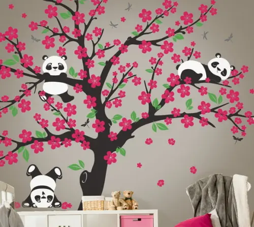 Adesivo de parede árvore com ursos panda