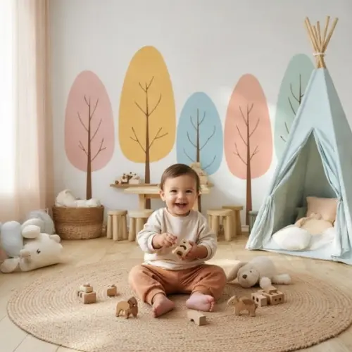 Adesivo de Parede Árvores Coloridas Quarto Montessoriano