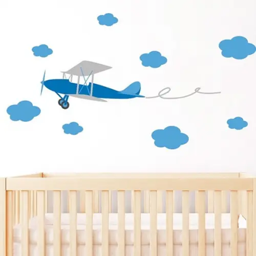 Adesivo de Parede Avião com Nuvens para Quarto de Menino