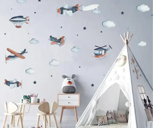Adesivo de Parede Aviões/estrelas/nuvens Coleção Aquarela