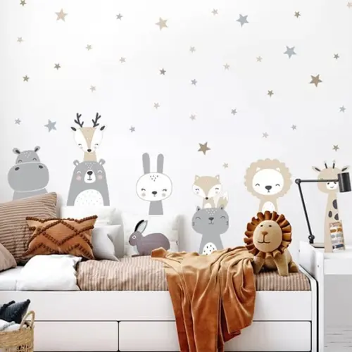 Adesivo de Parede Bichinhos + Estrelas Bege e Cinza
