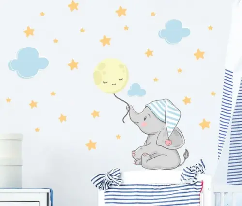 Adesivo de parede elefantinho, lua, estrelas e nuvens