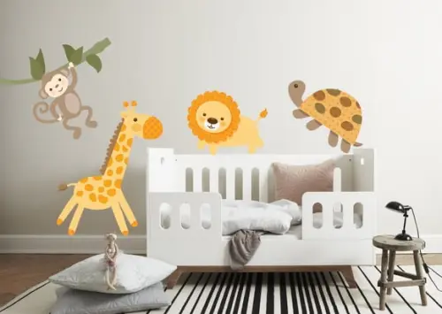 Adesivo de parede girafa, leão, tartaruga e macaquinho